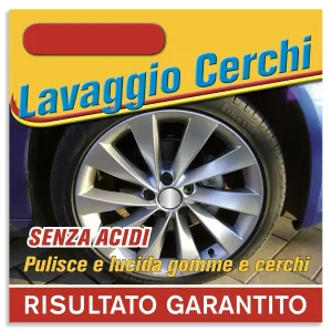 Cartello o adesivo per indicare il macchinario lavacerchi sulla pista di un lavaggio self-service