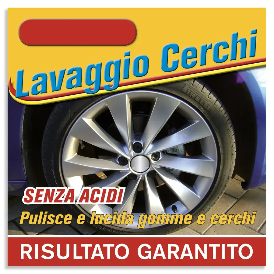 Cartello o adesivo per indicare il macchinario lavacerchi sulla pista di un lavaggio self-service