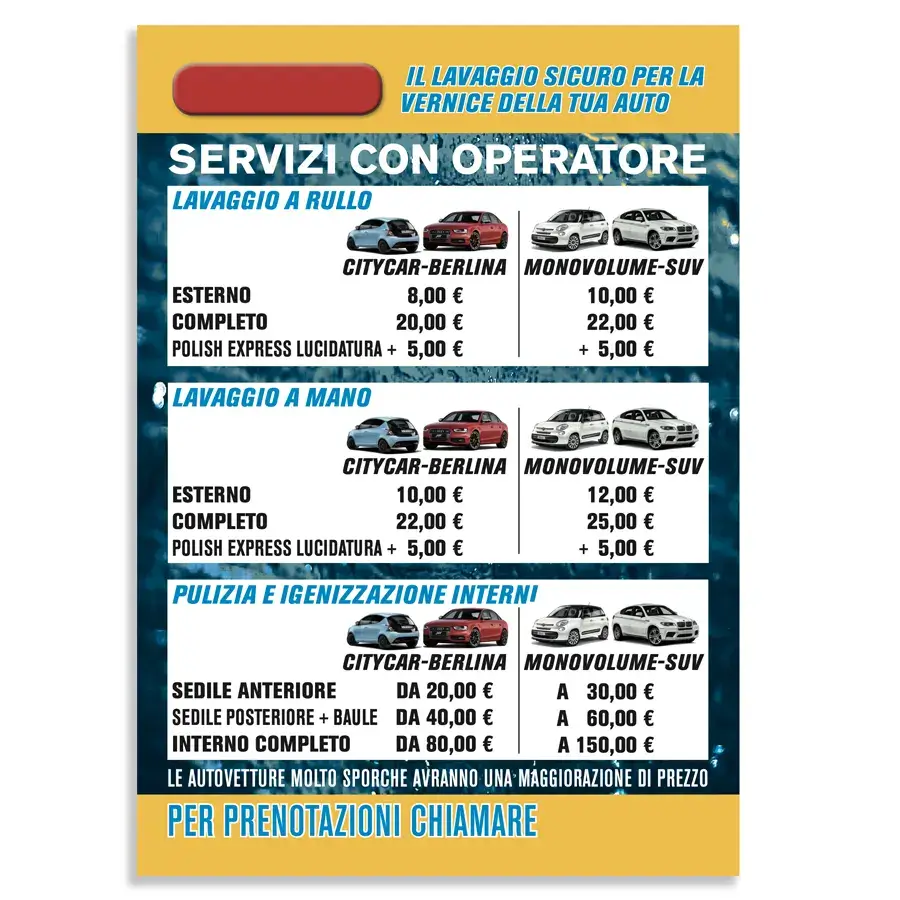 Cartello o adesivo per indicaremodalità e prezzi del servizio lavaggio a mano tramite operatore in un autolavaggio