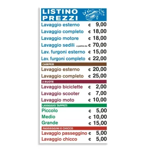 Cartello o adesivo con il dettaglio dei costi per il servizio di lavaggio a mano