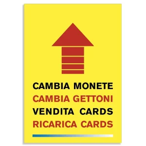 Cartello che indica dove è possibile trovare il cambia monete, il cambia gettoni e la vendita e ricarica delle card di un autolavaggio self service
