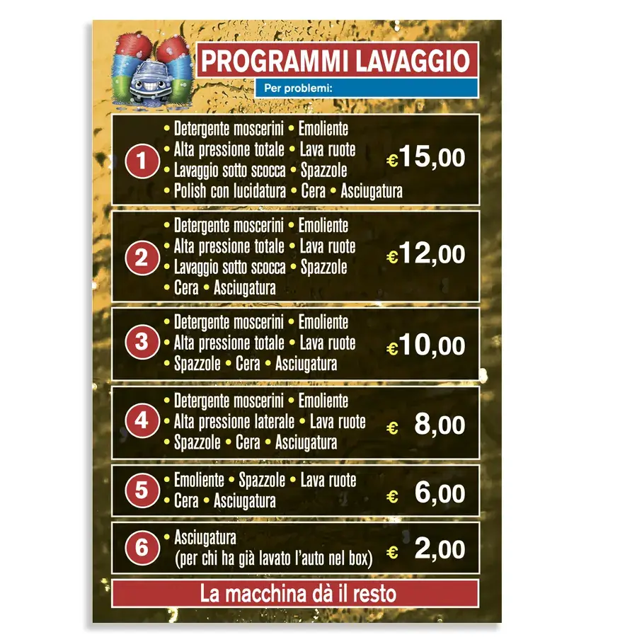 Adesivo o cartello con prezzi delle varie fasi, per portale autolavaggio