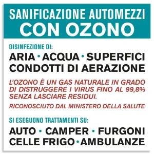 Cartello o adesivo per segnalare un servizio di sanificazione con ozono nella struttura