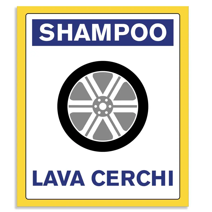 Cartello o adesivo che indica il distributore di shampoo lavacerchi